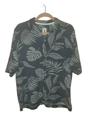 Jamaica Jaxx Slate L Blue Short Sleeve Leaf-Print Button Down Shirt